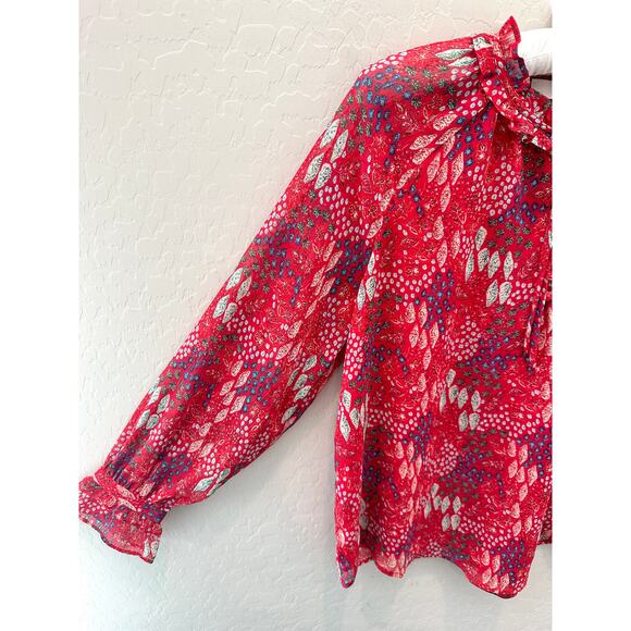 LOFT | Petite Red Garden Floral Ruffle Semi Sheer Long Sleeve Blouse | Small - Picture 4 of 7